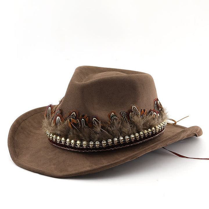 Ethnic Decorative Feather Band Suede Cowboy Hat - Coffee - M (22"-22 7/8") - image 2