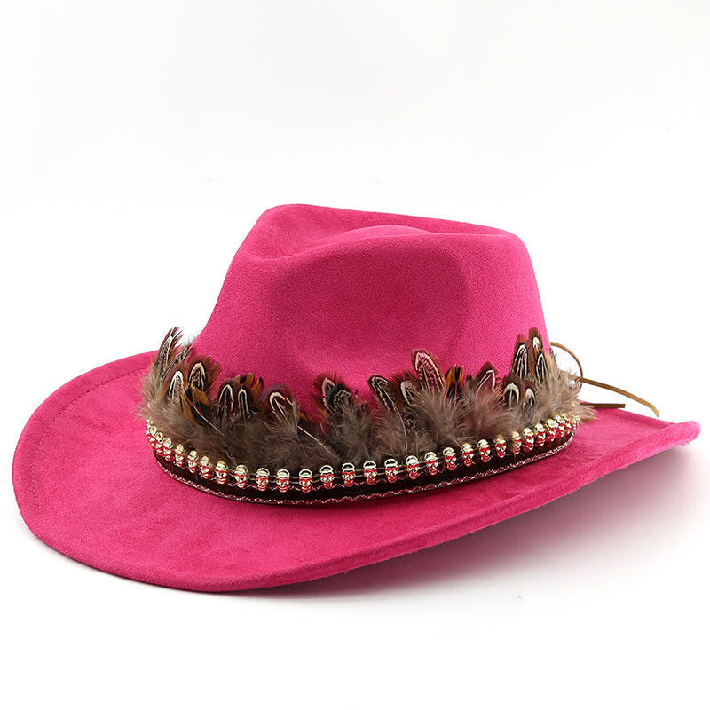 Ethnic Decorative Feather Band Suede Cowboy Hat - Pink - M (22"-22 7/8") - image 5