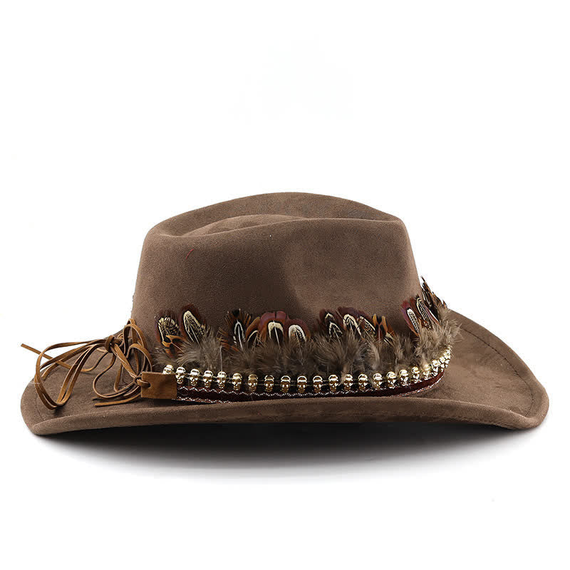Ethnic Decorative Feather Band Suede Cowboy Hat