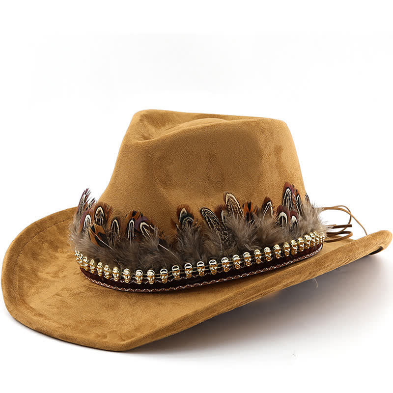 Ethnic Decorative Feather Band Suede Cowboy Hat - Khaki - M (22"-22 7/8") - image 6