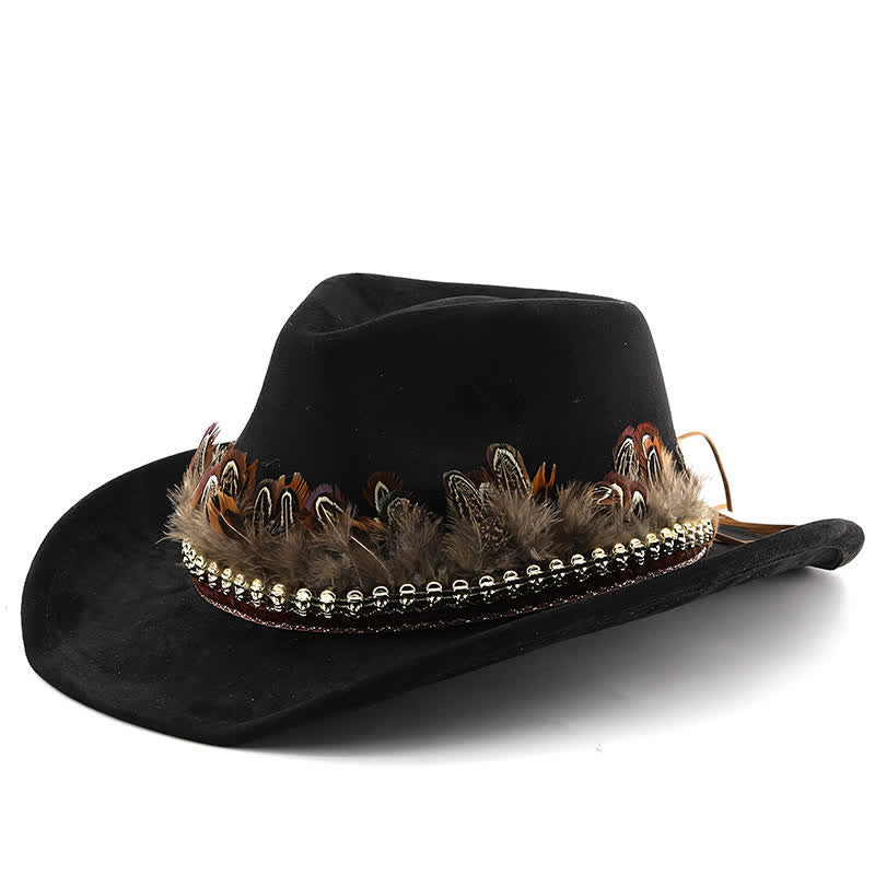 Ethnic Decorative Feather Band Suede Cowboy Hat - Black - M (22"-22 7/8") - image 4