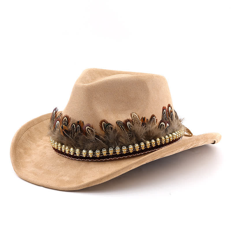 Ethnic Decorative Feather Band Suede Cowboy Hat - Ivory - M (22"-22 7/8") - image 0