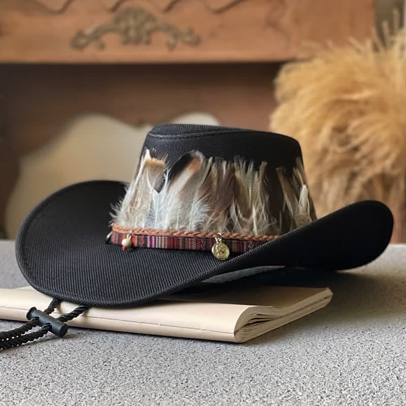 Large Brim Ethnic Style Feather Band Western Cowboy Hat