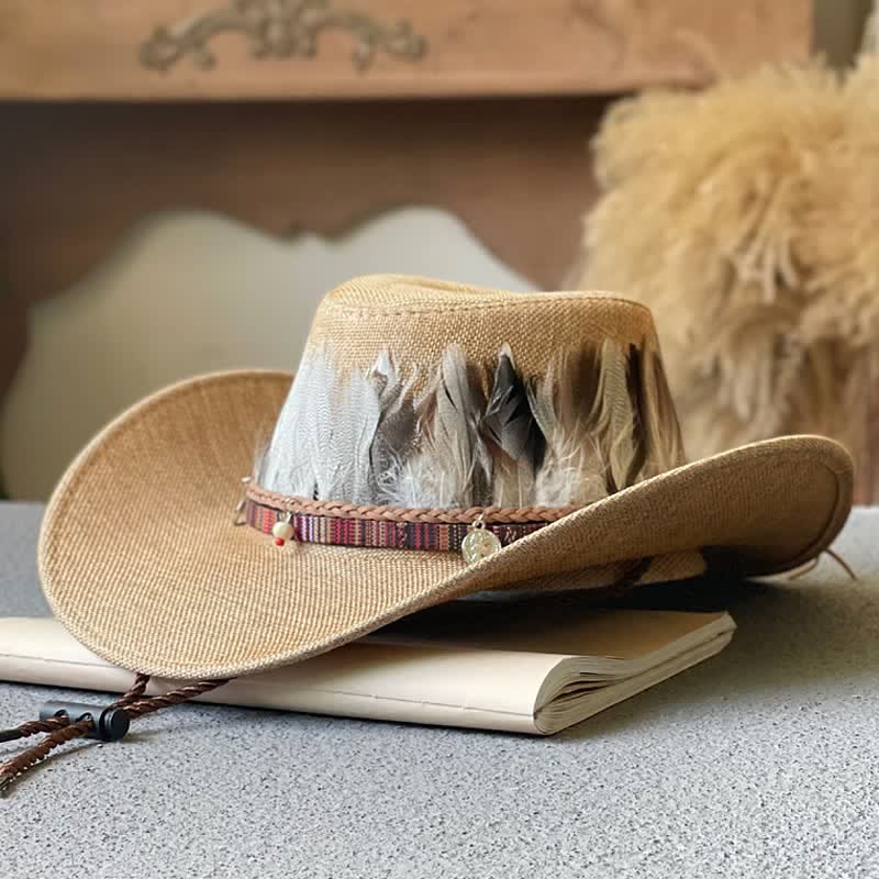 Large Brim Ethnic Style Feather Band Western Cowboy Hat