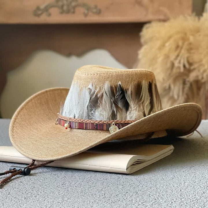 Large Brim Ethnic Style Feather Band Western Cowboy Hat