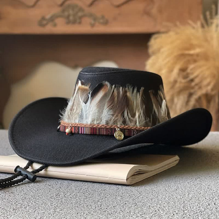 Large Brim Ethnic Style Feather Band Western Cowboy Hat - Black - M (22"-22 7/8") - image 1