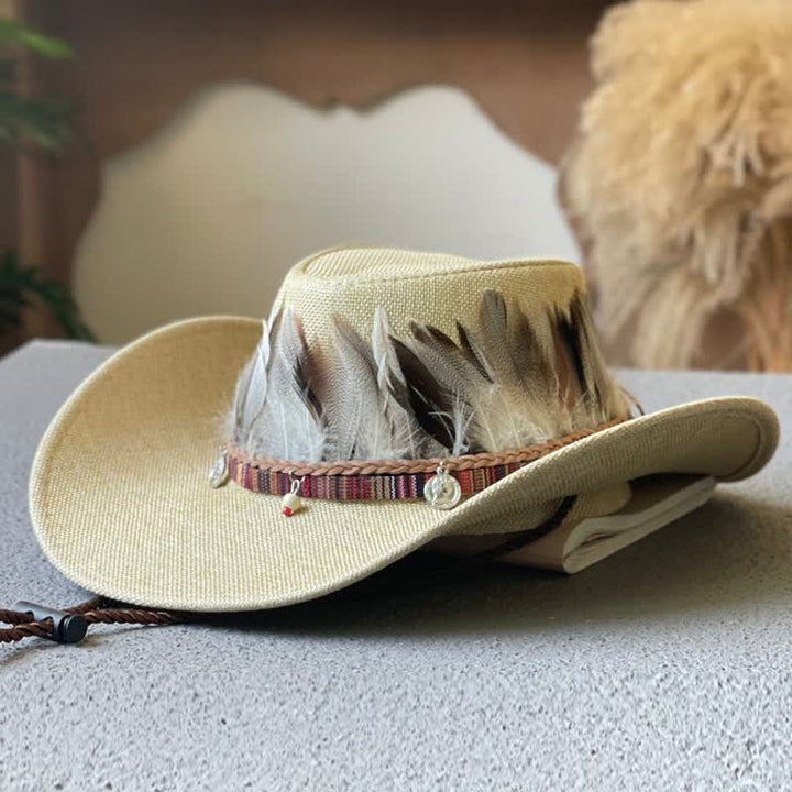 Large Brim Ethnic Style Feather Band Western Cowboy Hat - Beige - M (22"-22 7/8") - image 2
