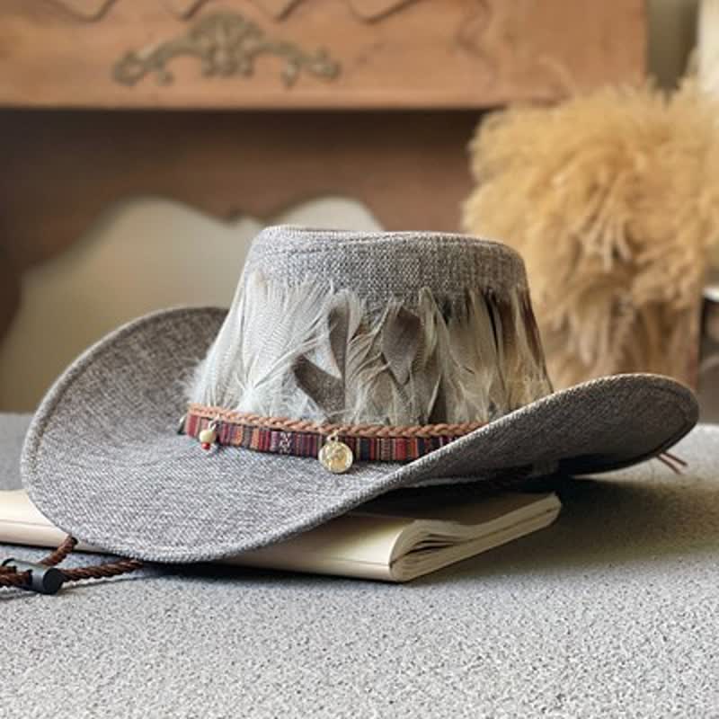 Large Brim Ethnic Style Feather Band Western Cowboy Hat - Gray - M (22"-22 7/8") - image 5