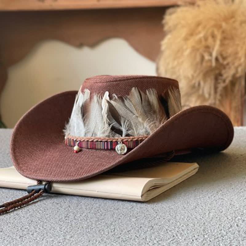 Large Brim Ethnic Style Feather Band Western Cowboy Hat - Dark Coffee - M (22"-22 7/8") - image 4