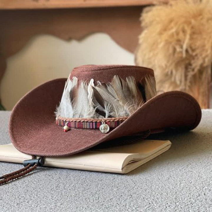 Large Brim Ethnic Style Feather Band Western Cowboy Hat - Dark Coffee - M (22"-22 7/8") - image 4