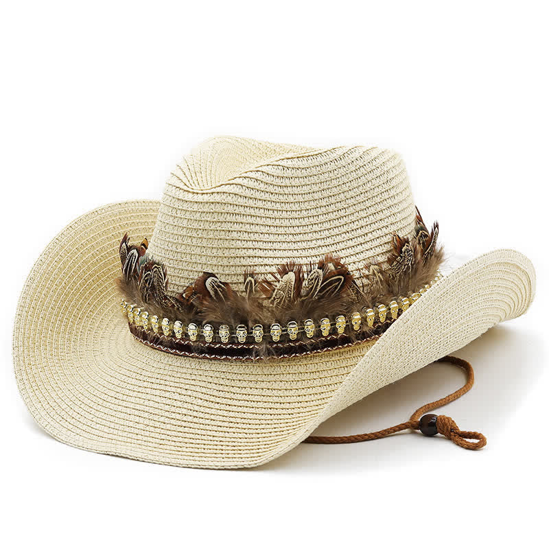 Summer Feather Band Classic Straw Cowboy Hat - Beige - M (22"-22 7/8") - image 7