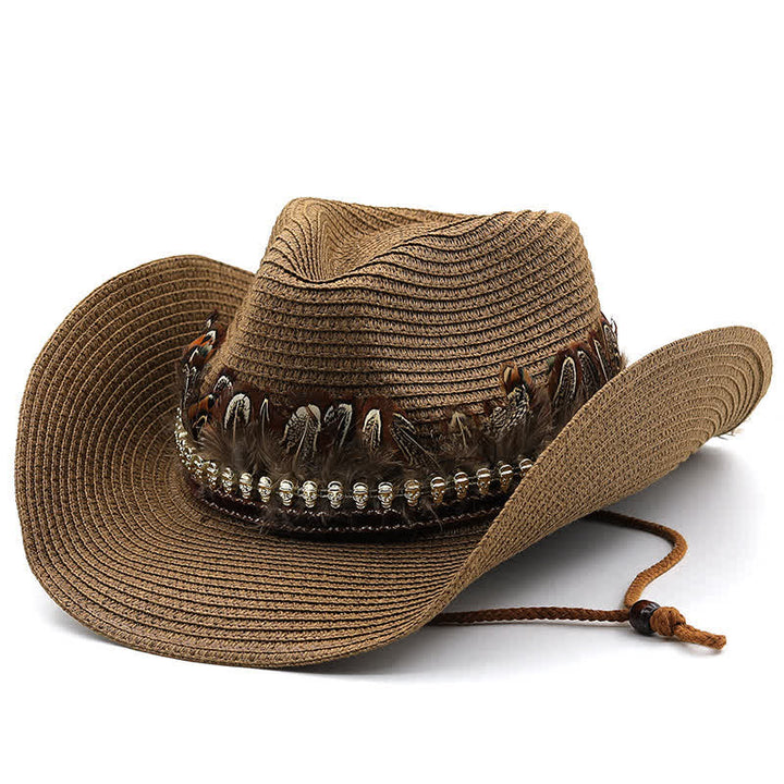Summer Feather Band Classic Straw Cowboy Hat - Coffee - M (22"-22 7/8") - image 4