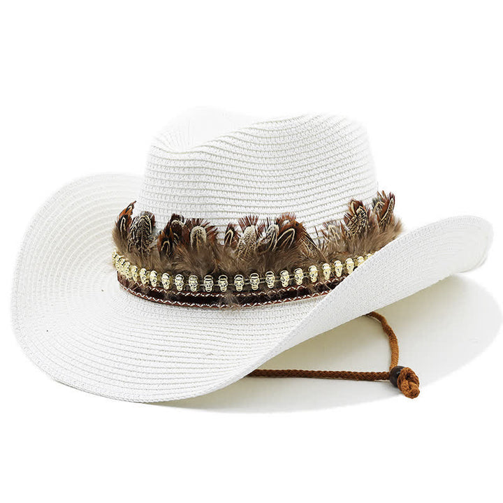 Summer Feather Band Classic Straw Cowboy Hat - White - M (22"-22 7/8") - image 9