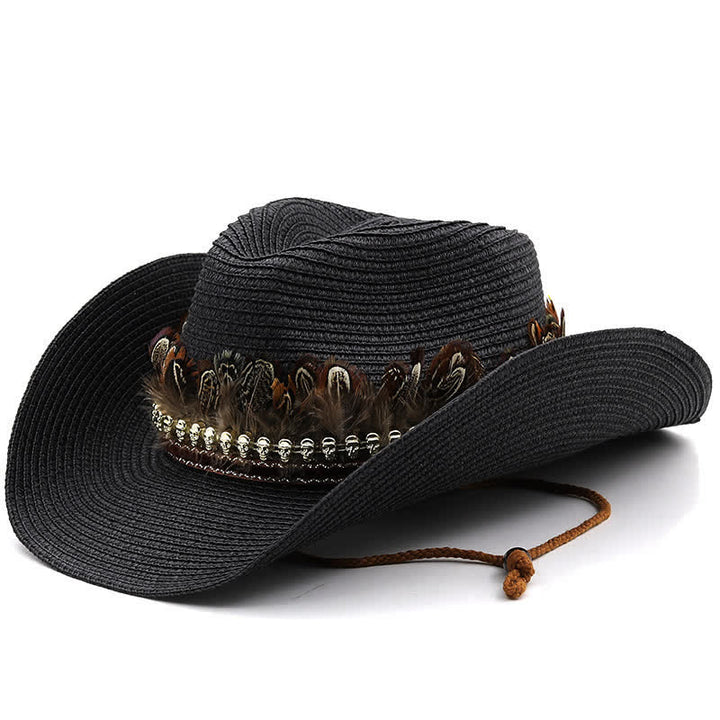 Summer Feather Band Classic Straw Cowboy Hat - Black - M (22"-22 7/8") - image 10