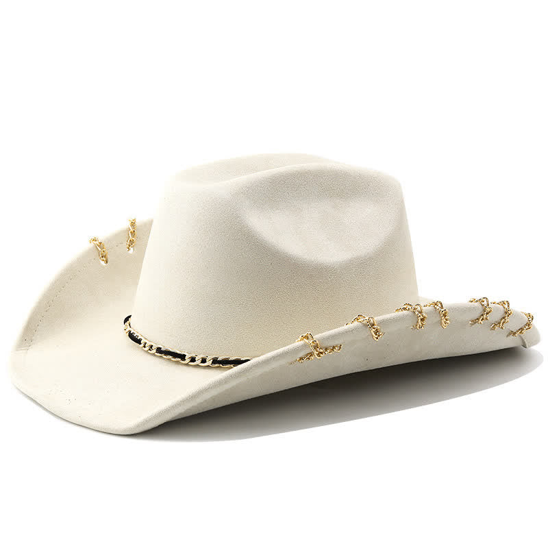 Punk Golden Metal Chain All-Season Suede Velvet Cowboy Hat