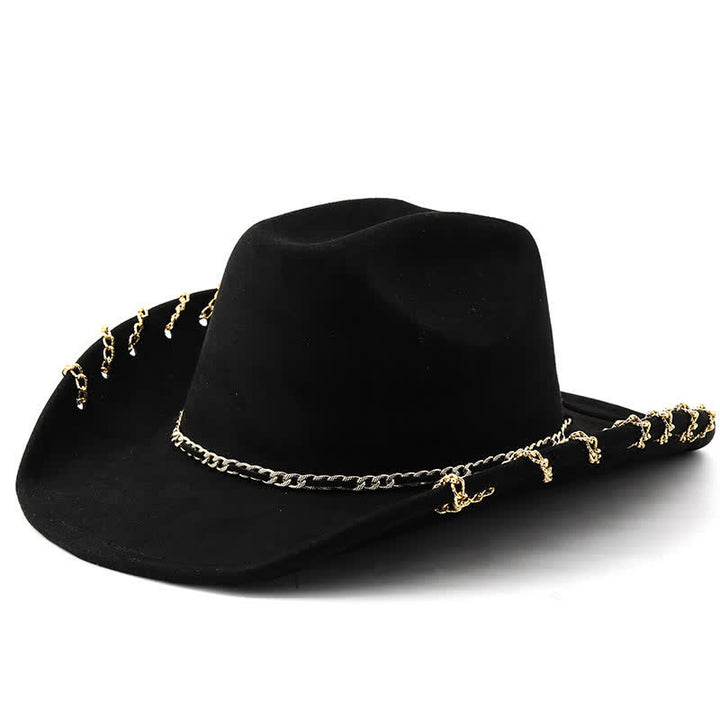 Punk Golden Metal Chain All-Season Suede Velvet Cowboy Hat - Black - M (22"-22 7/8") - image 8