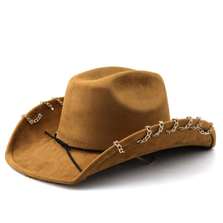 Punk Golden Metal Chain All-Season Suede Velvet Cowboy Hat