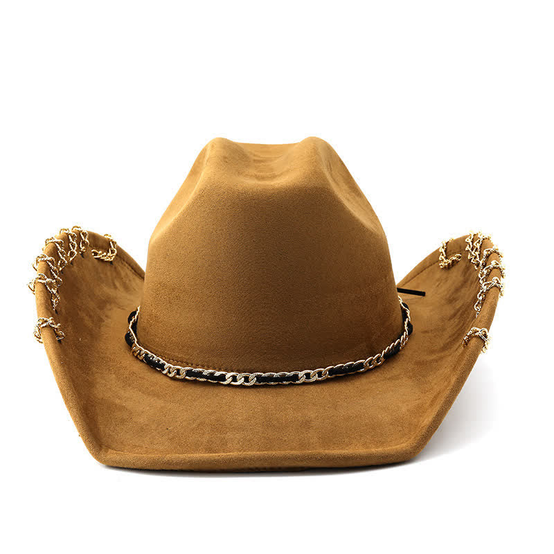 Punk Golden Metal Chain All-Season Suede Velvet Cowboy Hat