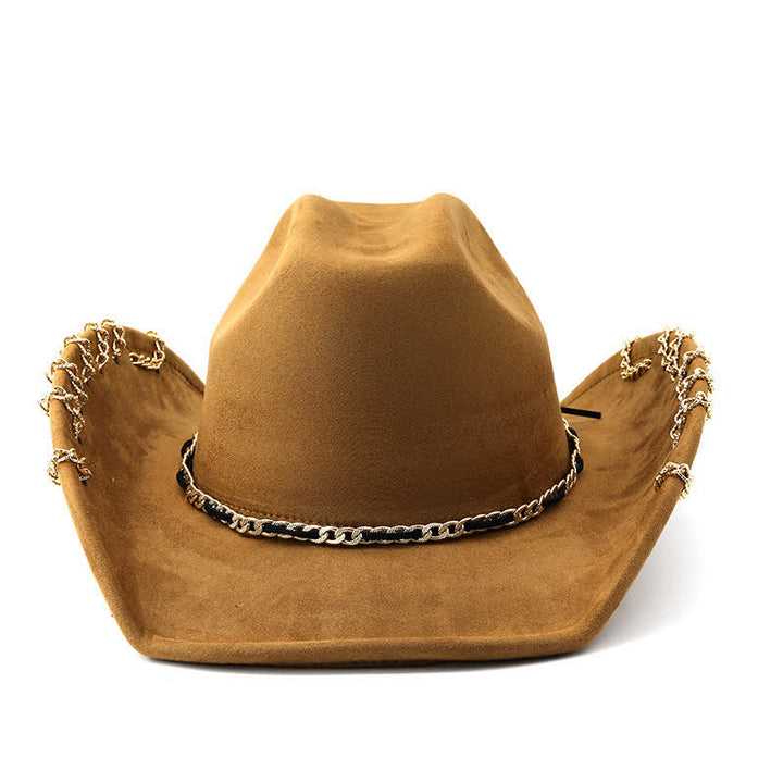 Punk Golden Metal Chain All-Season Suede Velvet Cowboy Hat