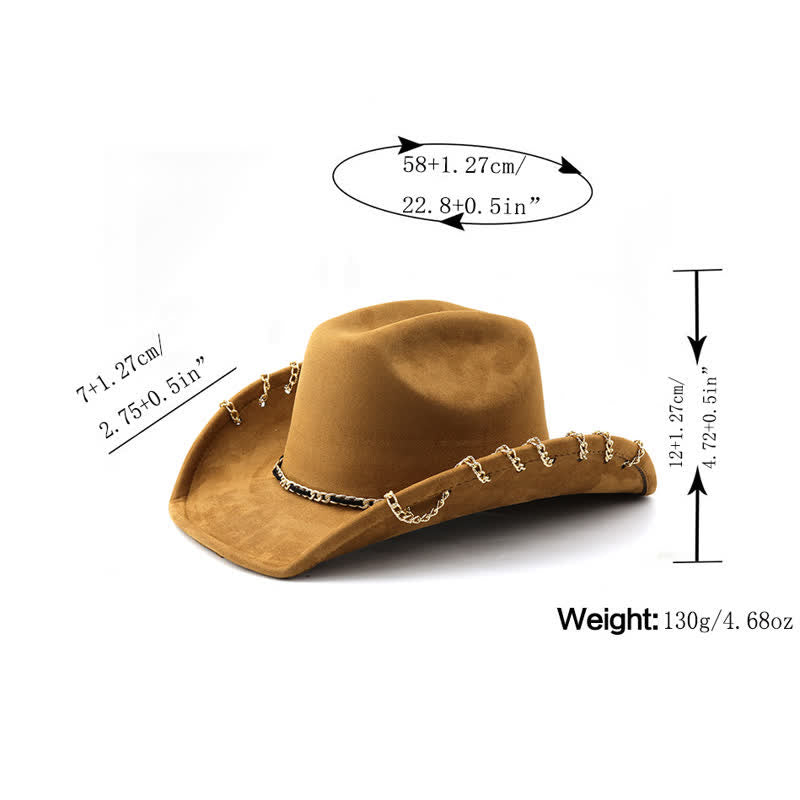 Punk Golden Metal Chain All-Season Suede Velvet Cowboy Hat