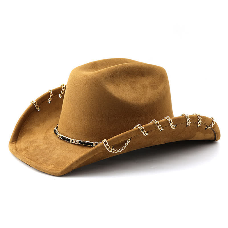 Punk Golden Metal Chain All-Season Suede Velvet Cowboy Hat - Dark Khaki - M (22"-22 7/8") - image 0