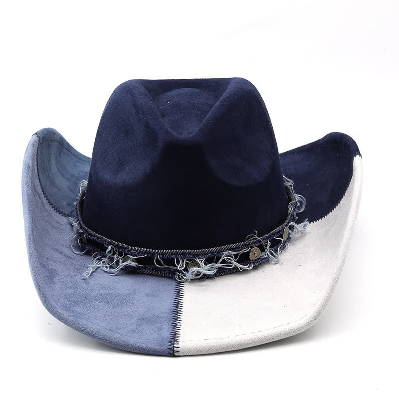 Navy & White Contrast Color Faux Suede Velvet Cowboy Hat