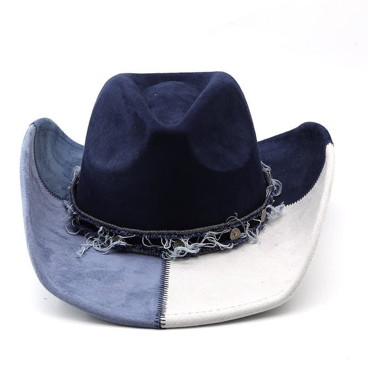 Navy & White Contrast Color Faux Suede Velvet Cowboy Hat