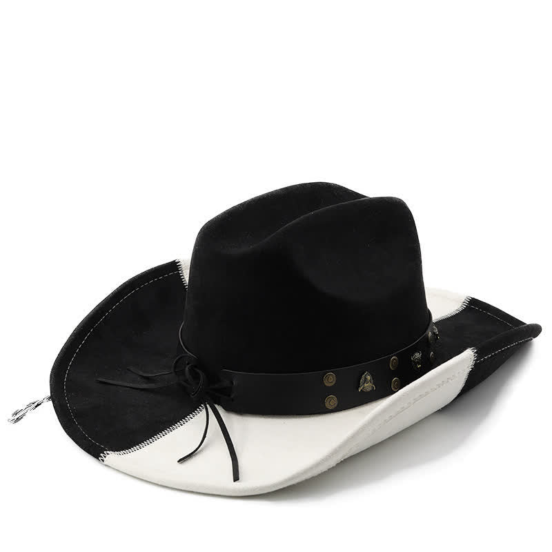 Contrast Black & White Bull Rivets Band Faux Suede Cowboy Hat