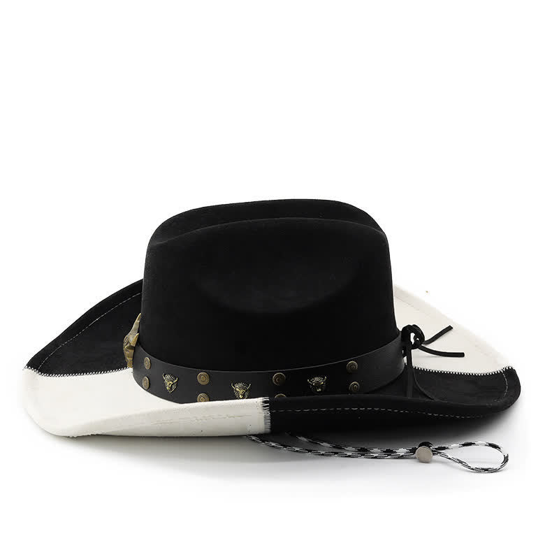 Contrast Black & White Bull Rivets Band Faux Suede Cowboy Hat
