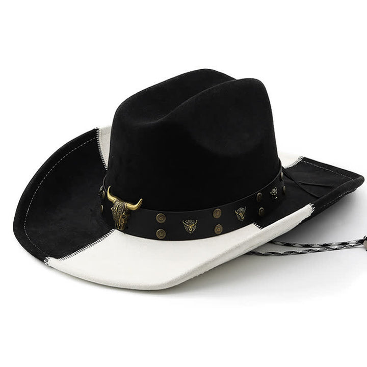 Contrast Black & White Bull Rivets Band Faux Suede Cowboy Hat