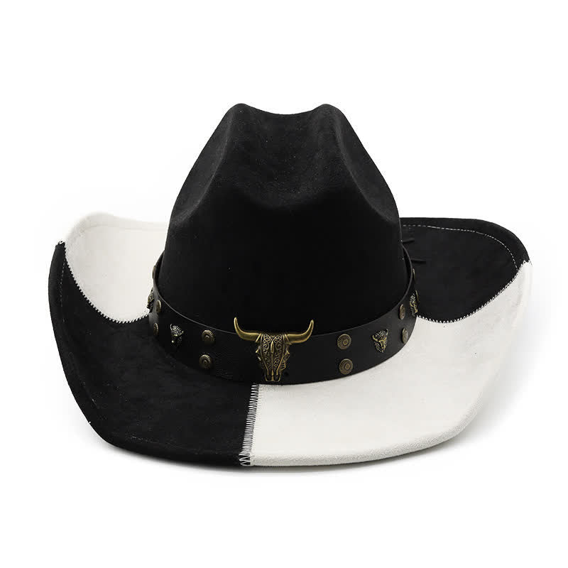 Contrast Black & White Bull Rivets Band Faux Suede Cowboy Hat