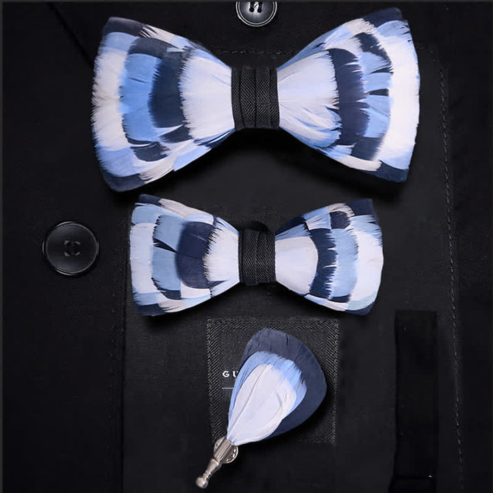 Kid's Blue & White Checkerboard Feather Bow Tie with Lapel Pin