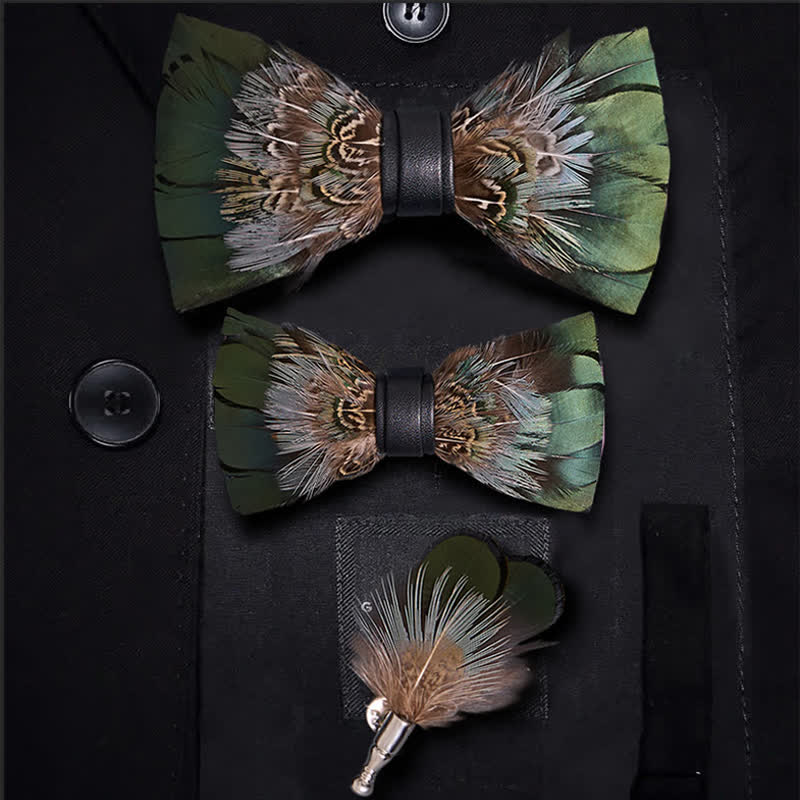 Forest Green Pheasant Feather Bow Tie with Lapel Pin