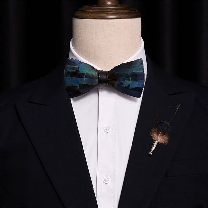 Dark Blue Luxury Natural Feather Bow Tie with Lapel Pin - image 1