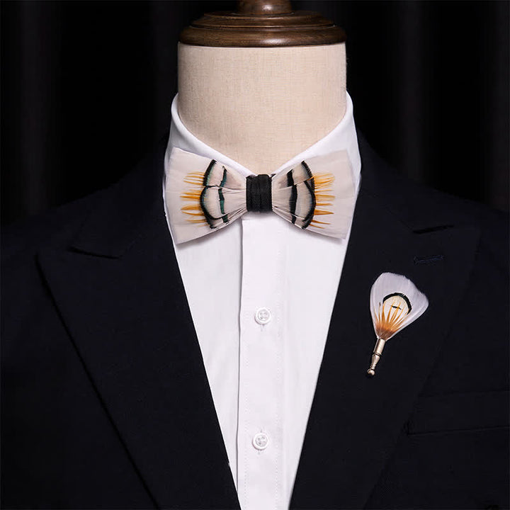 Beige Elegant Feather Bow Tie with Lapel Pin