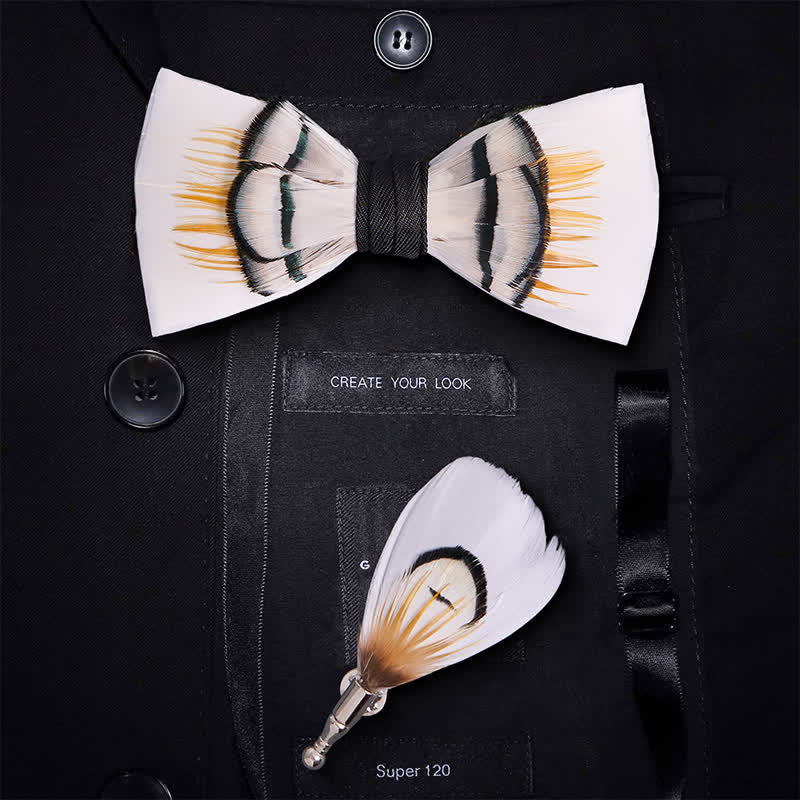 Beige Elegant Feather Bow Tie with Lapel Pin - Adult - image 0