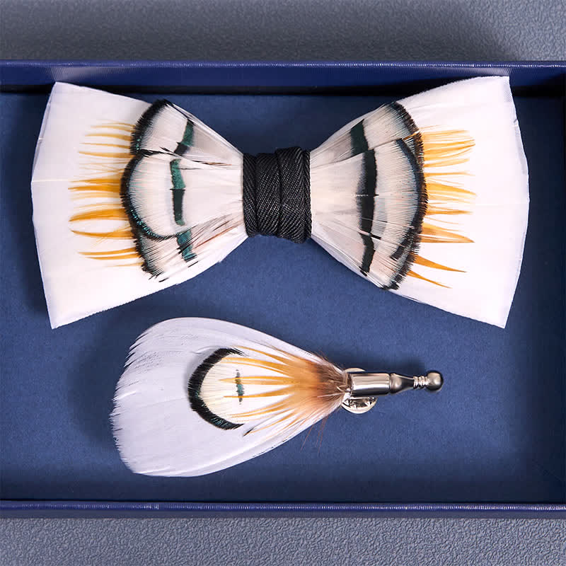 Beige Elegant Feather Bow Tie with Lapel Pin