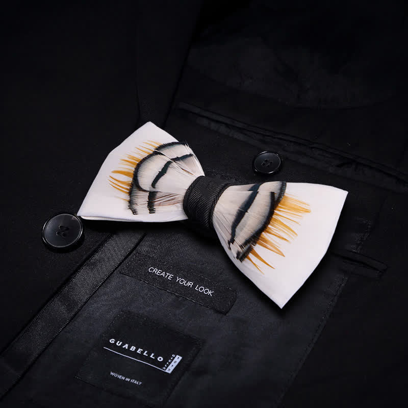 Beige Elegant Feather Bow Tie with Lapel Pin - image 2