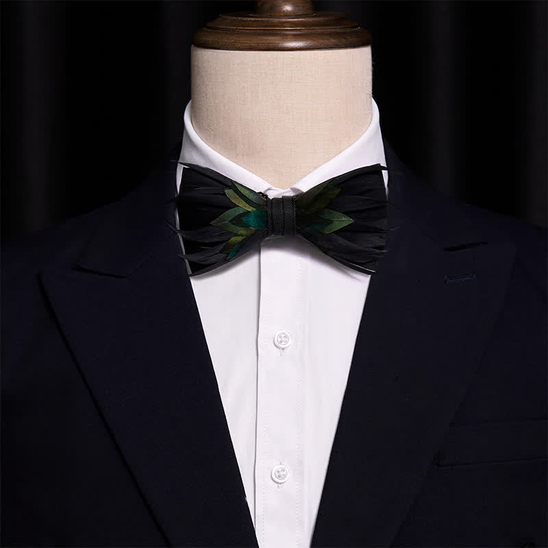 Fancy Black & Green Feather Bow Tie - image 1