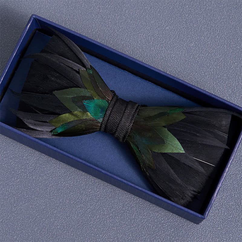 Fancy Black & Green Feather Bow Tie - image 2