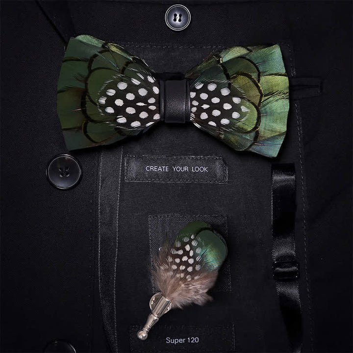Chic Dark Green Feather Bow Tie with Lapel Pin