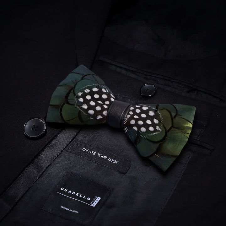 Chic Dark Green Feather Bow Tie with Lapel Pin
