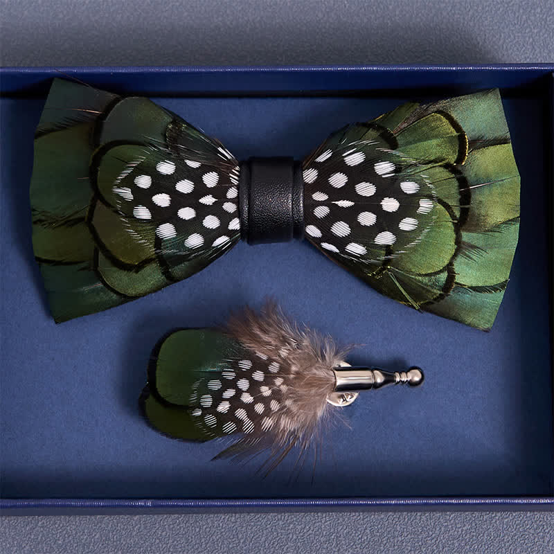 Chic Dark Green Feather Bow Tie with Lapel Pin