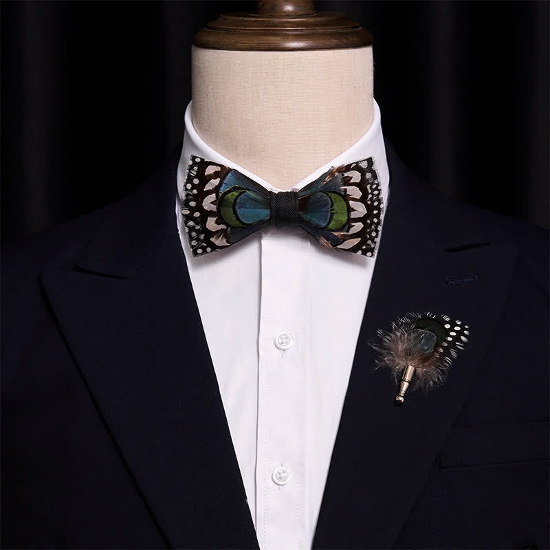Blue Goose & White Guinea Feather Bow Tie with Lapel Pin