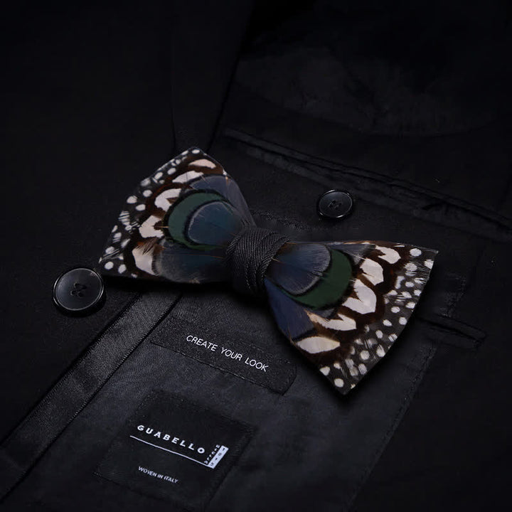 Blue Goose & White Guinea Feather Bow Tie with Lapel Pin