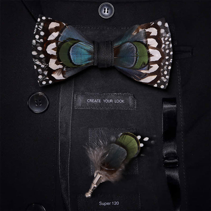 Blue Goose & White Guinea Feather Bow Tie with Lapel Pin