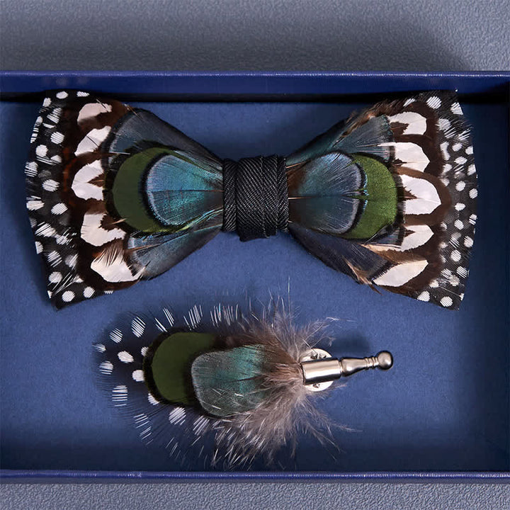 Blue Goose & White Guinea Feather Bow Tie with Lapel Pin
