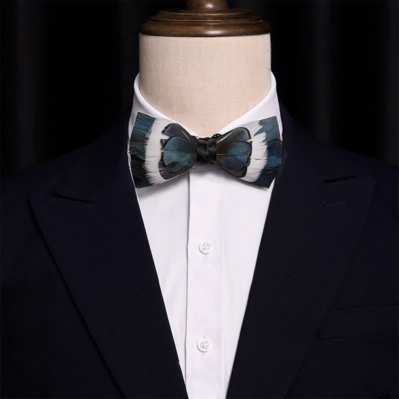 Blue & White Wildness Feather Bow Tie