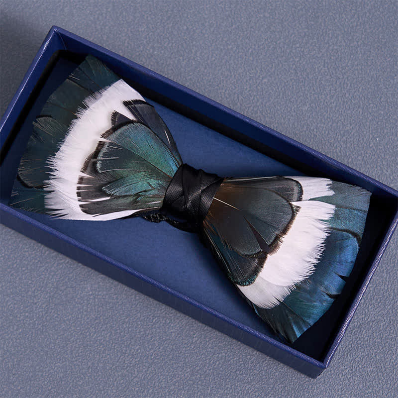 Blue & White Wildness Feather Bow Tie