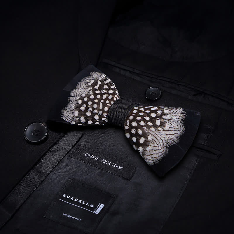 Black & White Interwoven Feather Bow Tie with Lapel Pin